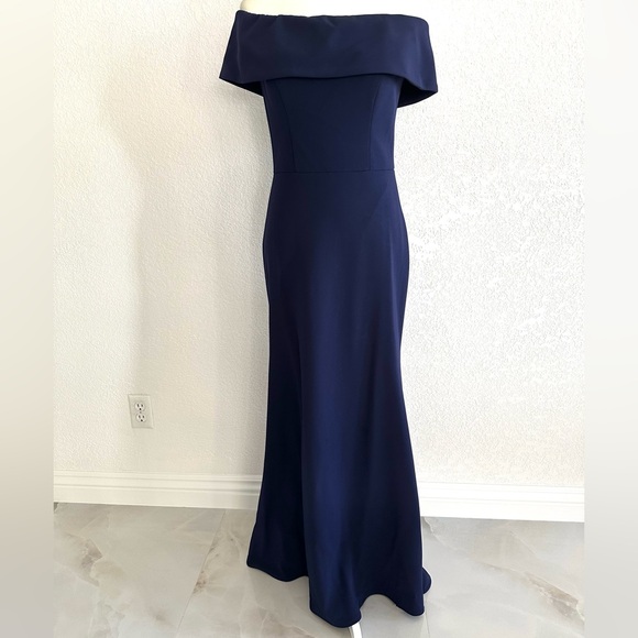 Adam Dresses & Skirts - Betsy & Adam Navy Blue Off-Shoulder Ruffle Back Mermaid Gown